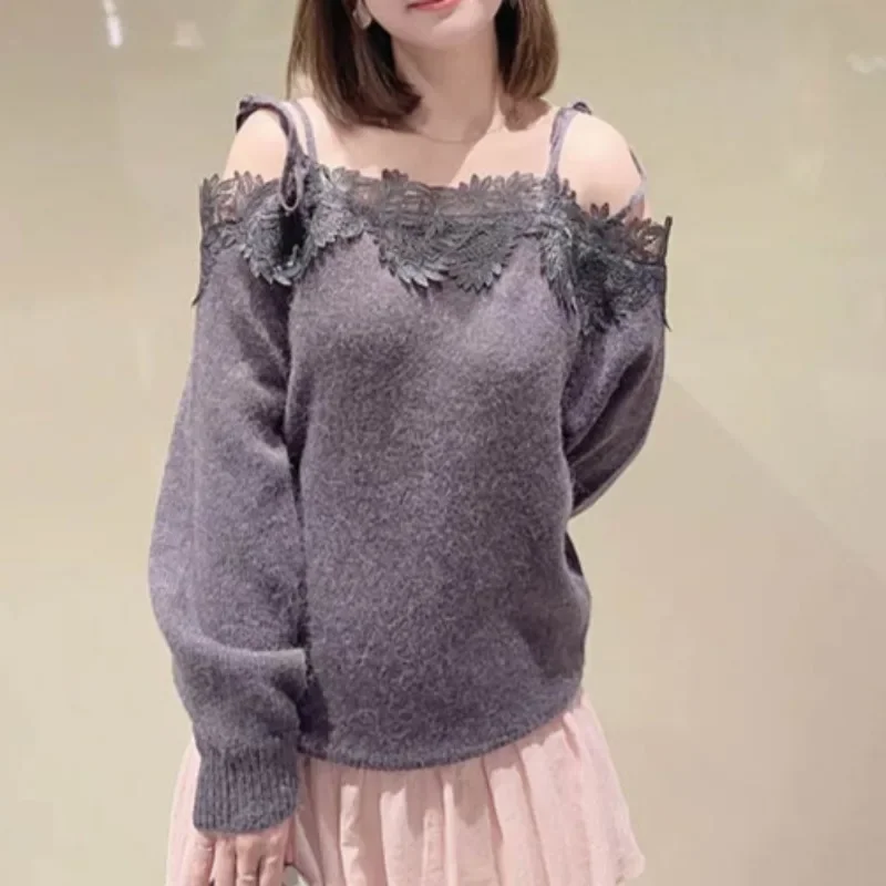 Bandage Off Shoulder Ropa Mujer 2024 Woman Sweater Spliced Lace Outerwears Autumn Sweet New Clothes Women Japan Loose Roupas