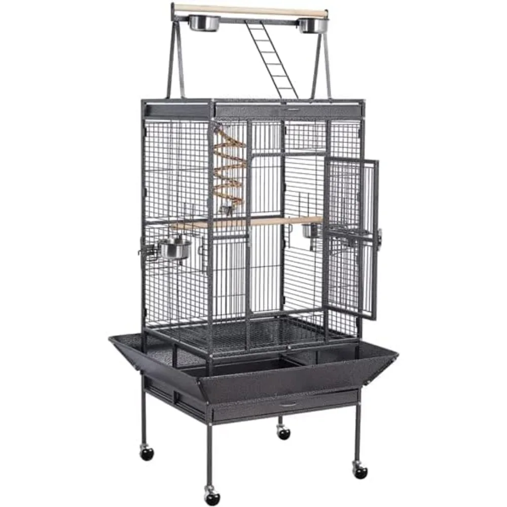 69-inch Wrought Iron Rolling Large Parrot Bird Cage for African Grey Small Quaker Amazon Cockatiel Sun Parakeet Green Cheek Play