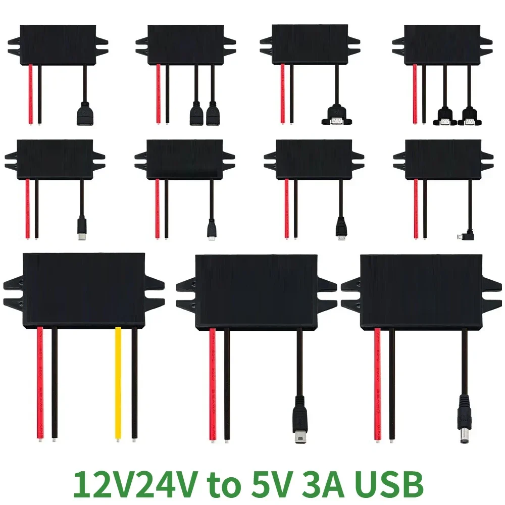 Módulo de Alimentação Conversor Step Down para USB, Mini USB, Micro USB, Masculino e Feminino, Car Buck DC, 12V, 24V, 5V, 3A