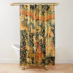 Medieval Deer Hunting Scene Shower Curtain Ladies and Dogs Antique Shower Curtain Animals Retro Vintage Bathroom Curtains Set