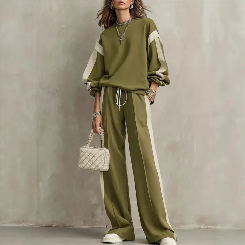 Herbstmode Gestreiftes Zweiteiler-Set für Damen Winter Lockerer O-Ausschnitt Sweatshirt Kordelzug Weite Hose Lässiges Passendes Outfit