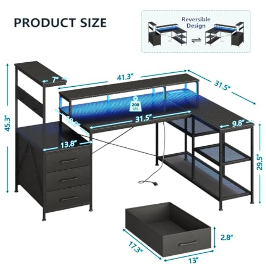 L Shaped Gaming Desk with Drawers Storage Shelves for Game, Home Office Engineered Wood, Black Spacious Layout, Cable Managemen