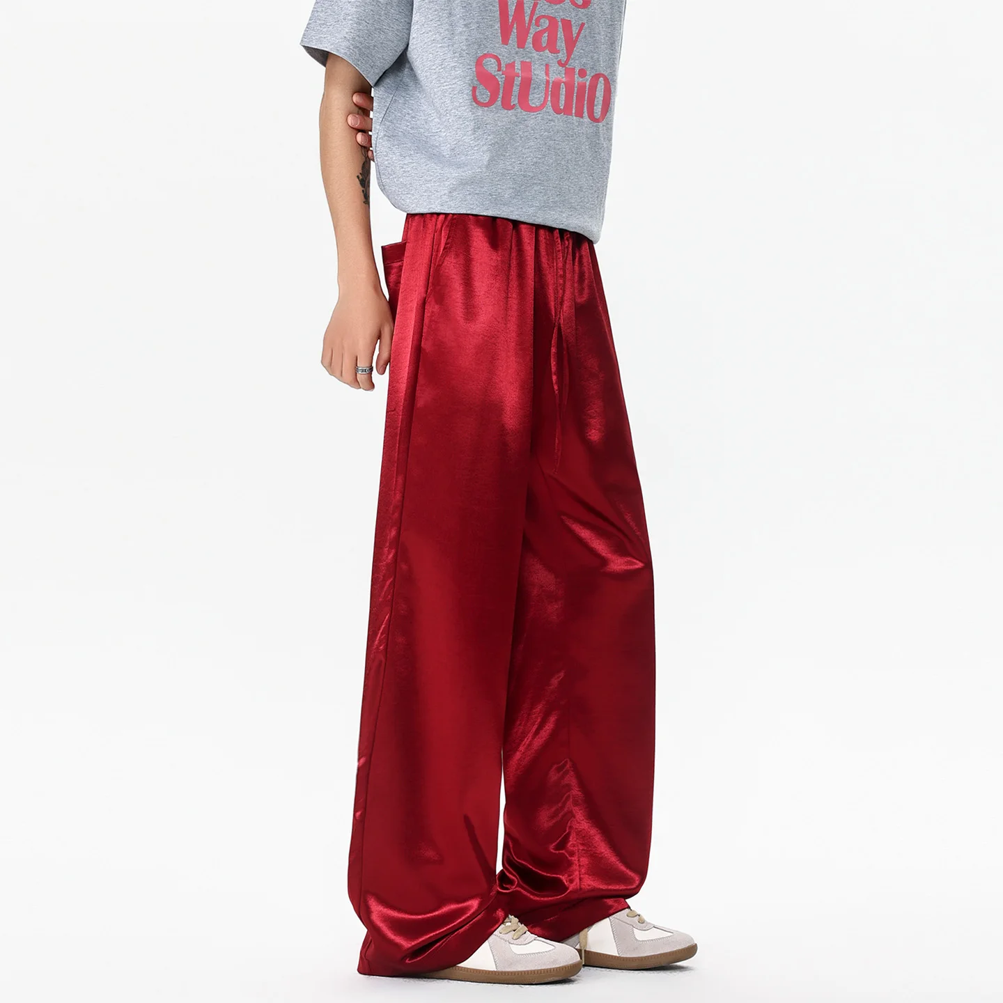 

M-XXXXXL Men's Satin Trousers Loose Straight Leg Pants Shiny Casual Long Pants Vintage Streetwear Solid Color Drawstring Pants
