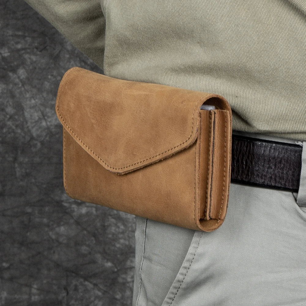 

Double Layer Genuine Leather Mobile Phone Bag for Men Vintage Sle First Layer Cowhide Belt Waist Bag Construction Site Desi...