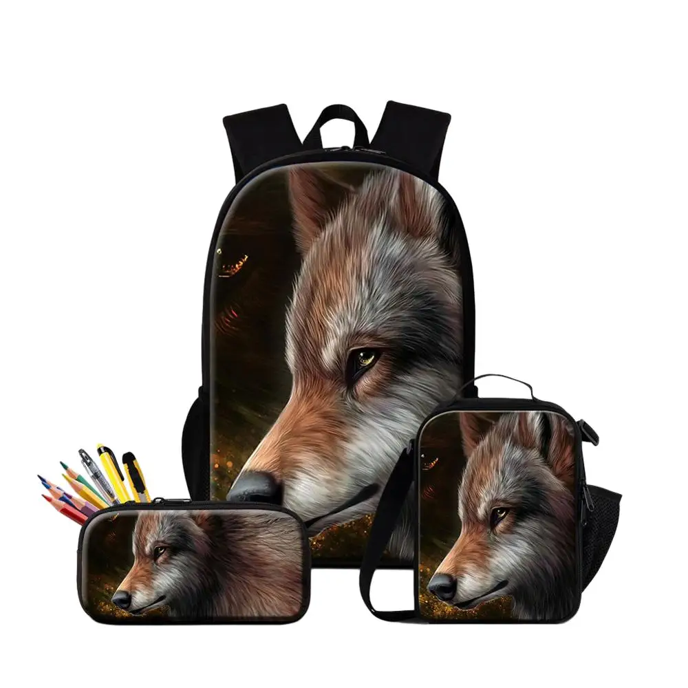 

3PCS Set Wolf Printing Lightweight Schoolbags For Boys Multifunctional Backpack With Penbox Lunch Bag For School Custom Bookbag