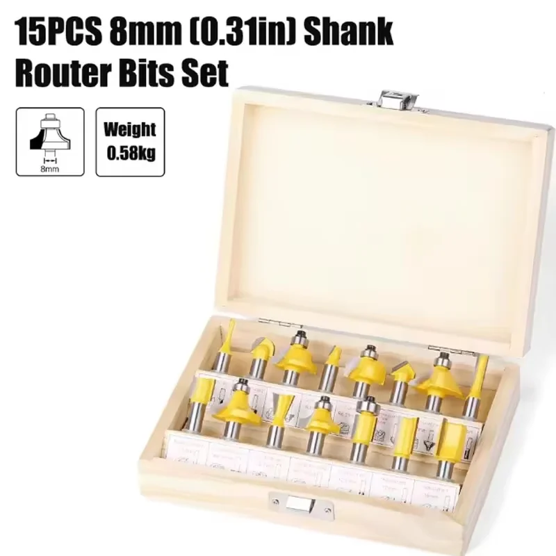 15PCS Router Bits Set 8mm Shank - Tungsten Carbide Woodwork Tools with Wood Case for Beginners, Doors, Cabinets, Shelves DI