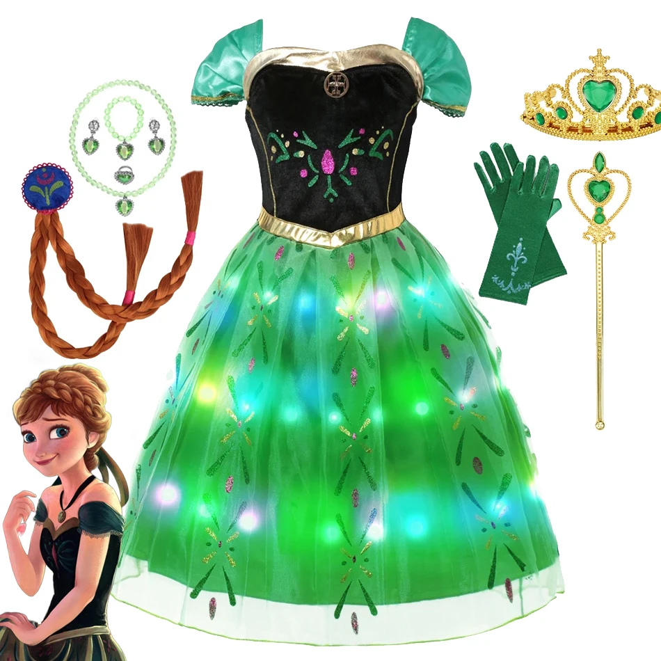 Disney Frozen Elsa Anna Princess Girls LED Light Up Dress Halloween Carnival Clothing Party Kids Cosplay Children Costume