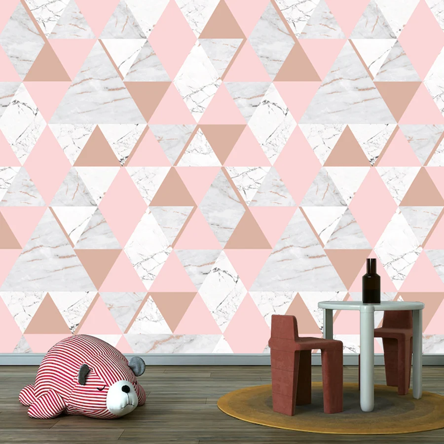 20+ Marble Pink White Abstract Triangles Geometry Mural, Self Adhesive Optional, Wallpaper for Living Room Decoration Home Decor