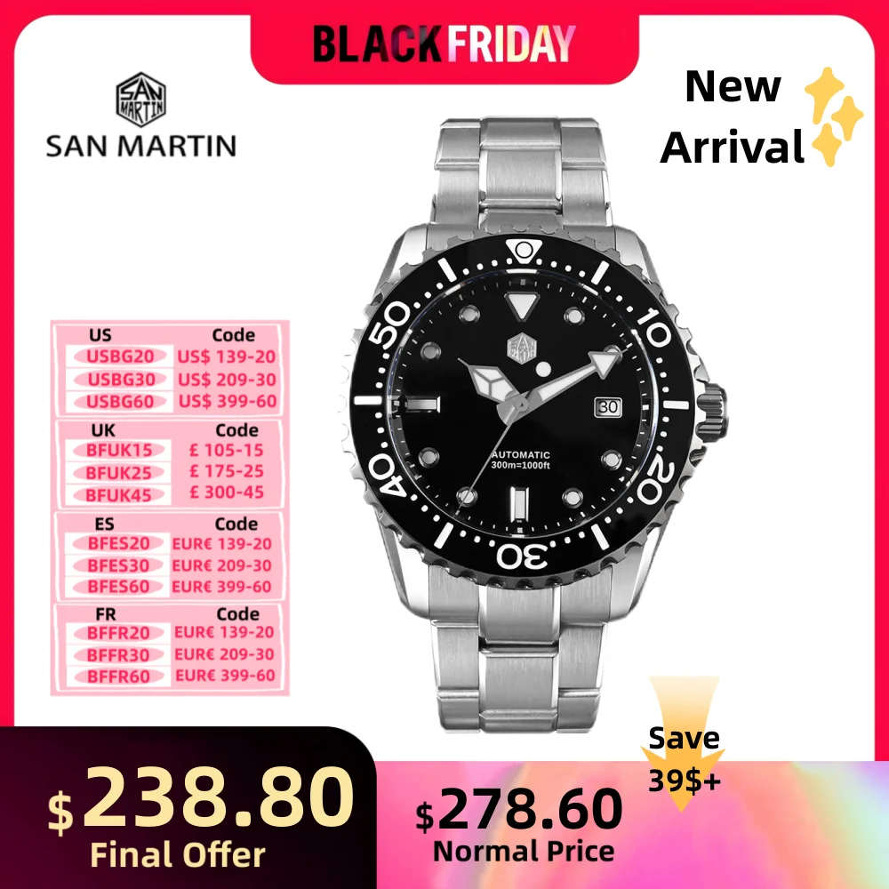 San Martin 44mm NH35 Diving Automatic Watch Men Mechanical 3H Date Window Enamel Dial Bracelet BGW-X1 30ATM Montre Homme SN0009B