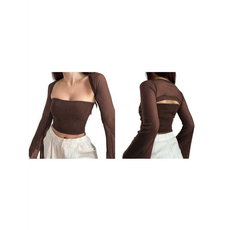 

FX-женские комплекты из двух предметов, сетчатый корсет с длинными рукавами, модный топ Y2K с квадратным вырезом, бюстье, укороченные топы с шалью