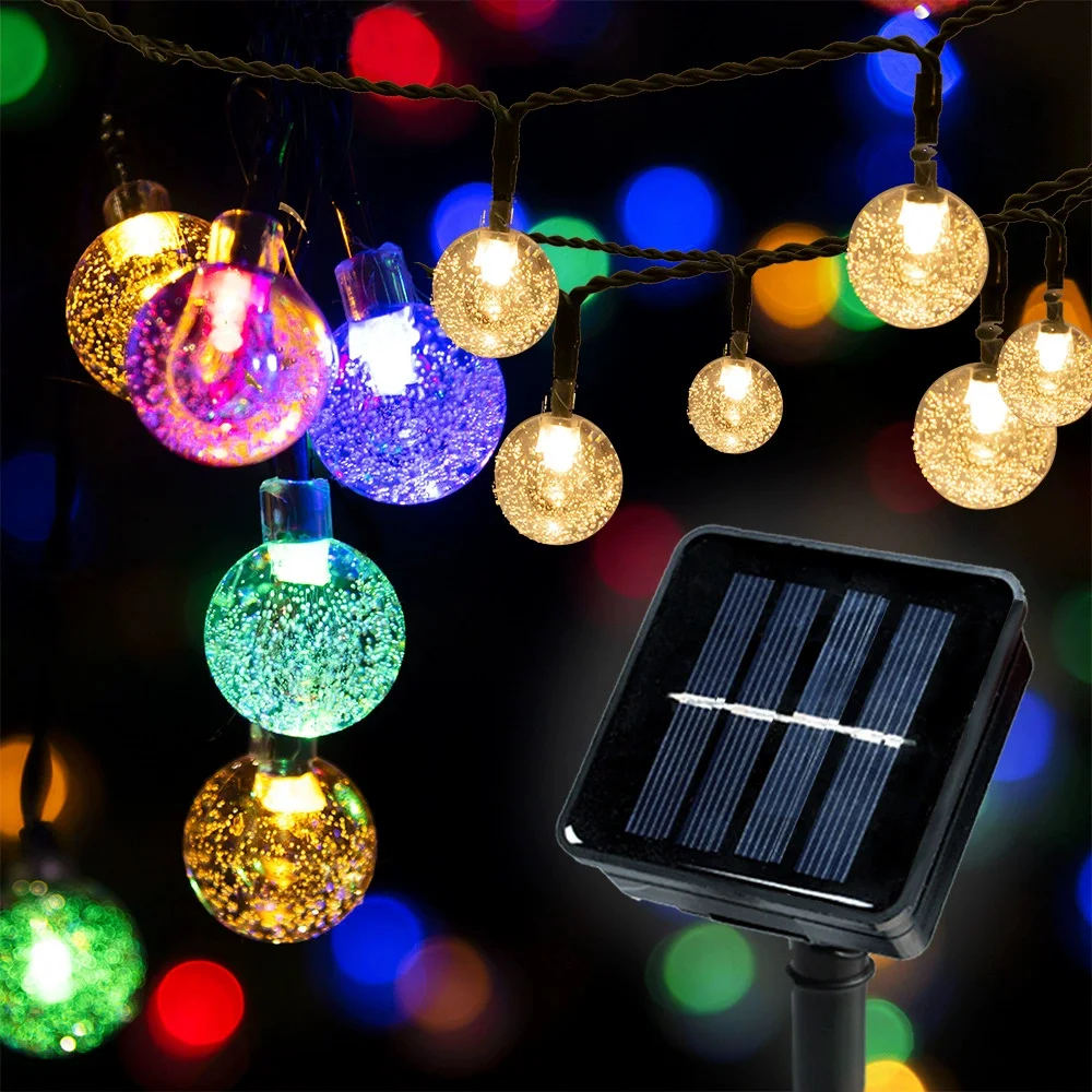 LED Crystal Ball Festoon Light String 5/7/12m Solar Power Wedding Garland Fairy Lights Christmas Party Outdoor Garden Decoration