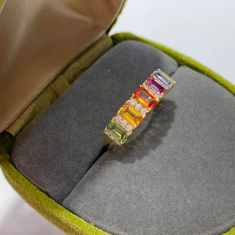 Aazuo 18K Solid Yellow Gold Natural Sapphires Real Diamonds OL Square Rainbow Lines Rings For Girls & Women Senior Banquet Party view 5