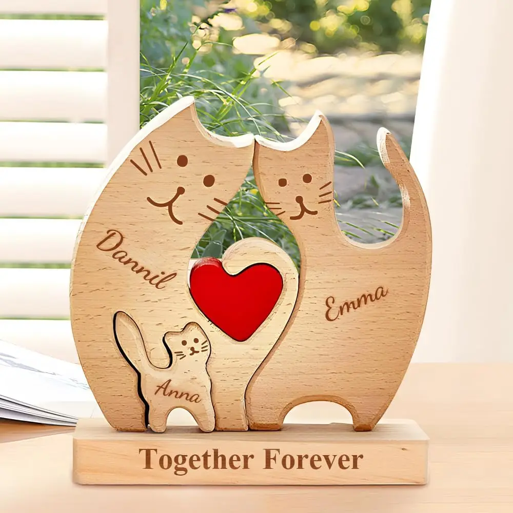 Wooden Cute Cat Puzzle Personalized with 2-7 Family Names Custom Family Member Names Puzzle Ideal Gift for House Warming Decor