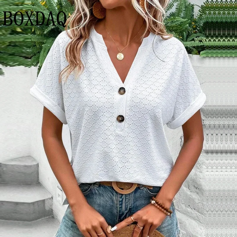 Women Summer Trendy Simple Casual Fashion Button T Shirt V Neck Short Sleeve Solid Loose Pullover Tops Plus Size Ropa De Mujer