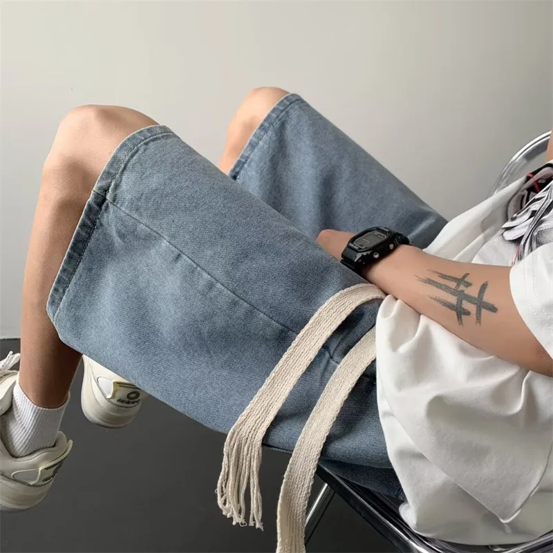 New Drawstring Y2K Denim Shorts Hombre Korean Fashion Vintage Straight Short Jeans Casual Streetwear Baggy Bermuda masculina