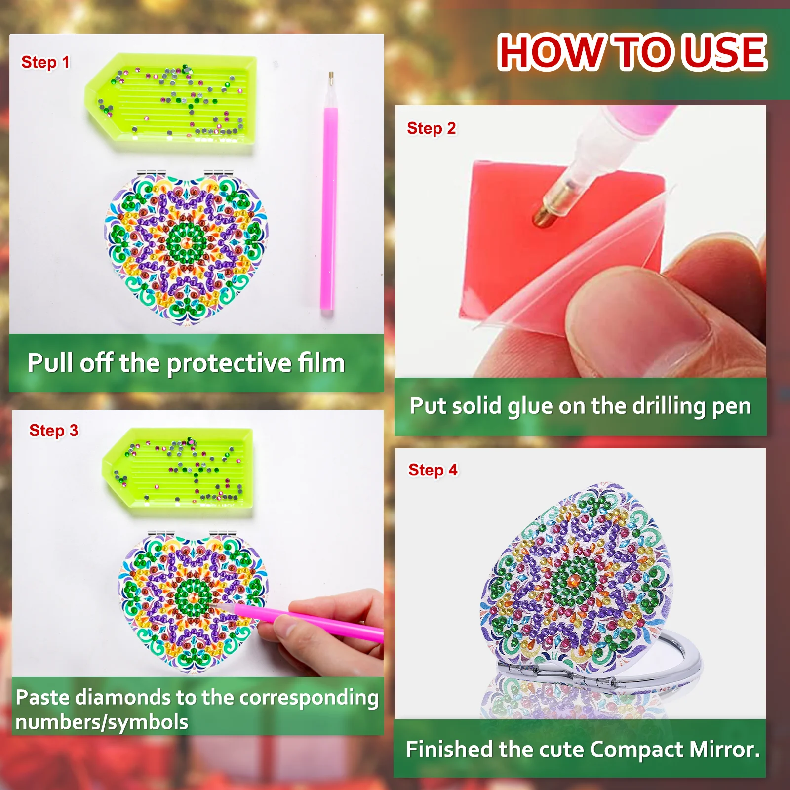 1 موضوع ماندالا للرسم الماسي DIY، مرآة صغيرة قابلة للطي مناسبة للسيدات للحمل بشكل مريح عند الخروج