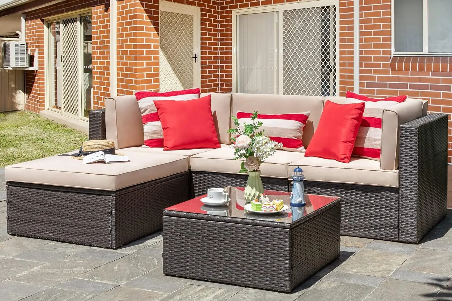 5-piece terrace furniture set, all-weather brown PE, garden/terrace small conversation set, glass table, red pillow, beige