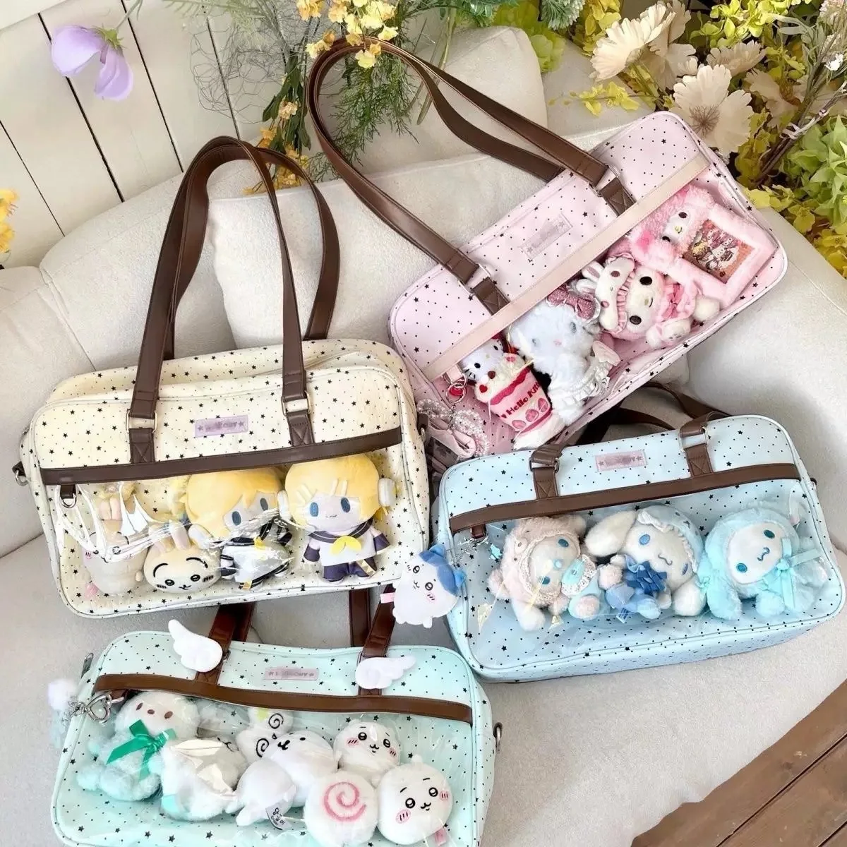 

New Y2k Cute Lace Ita Bag Large Capacity Lolita Girls Transparent Pocket DIY Badge Display Shoulder Bag Casual Polka Dot Handbag