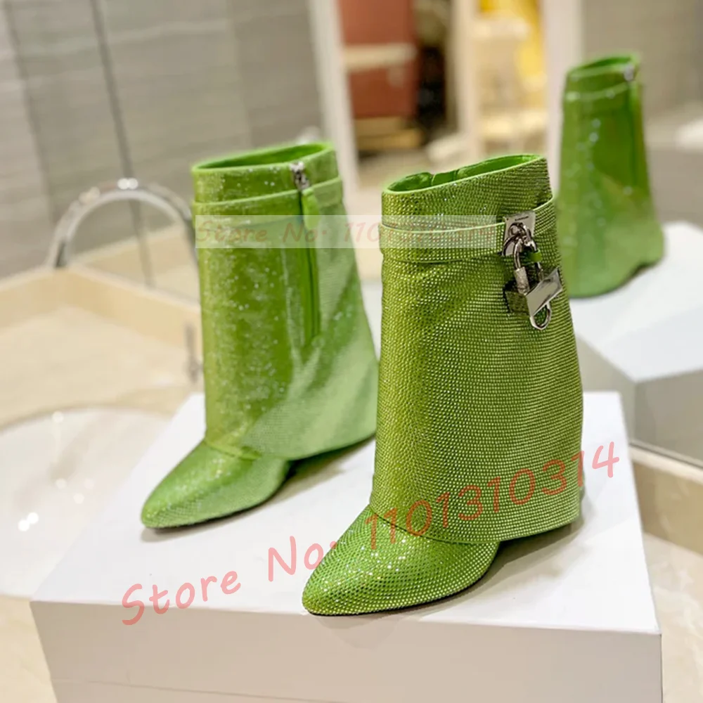 Crystal Upper Ankle Boots With Metal Lock Women Winter Round Toe Fold Over Shoes Fashion Luxury Sparkling Ladies Wedge Shoes