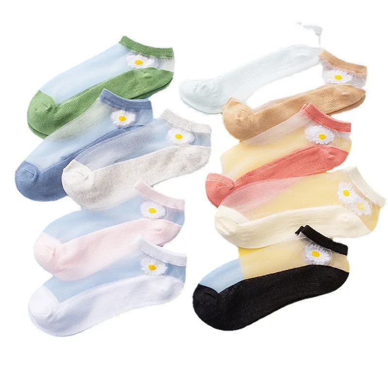 5Pairs/lot Cute Sock Slipper Women Girls Silk Spring Summer Kawaii Thin Slippers Breathable Fashion Girl Boat Socks