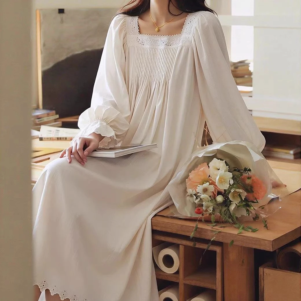 

2026 New French Romantic Retro Court Style Night Dress Sleepshirt Women's Long Sleeved Square Collar Pure Cotton Long Nightgown