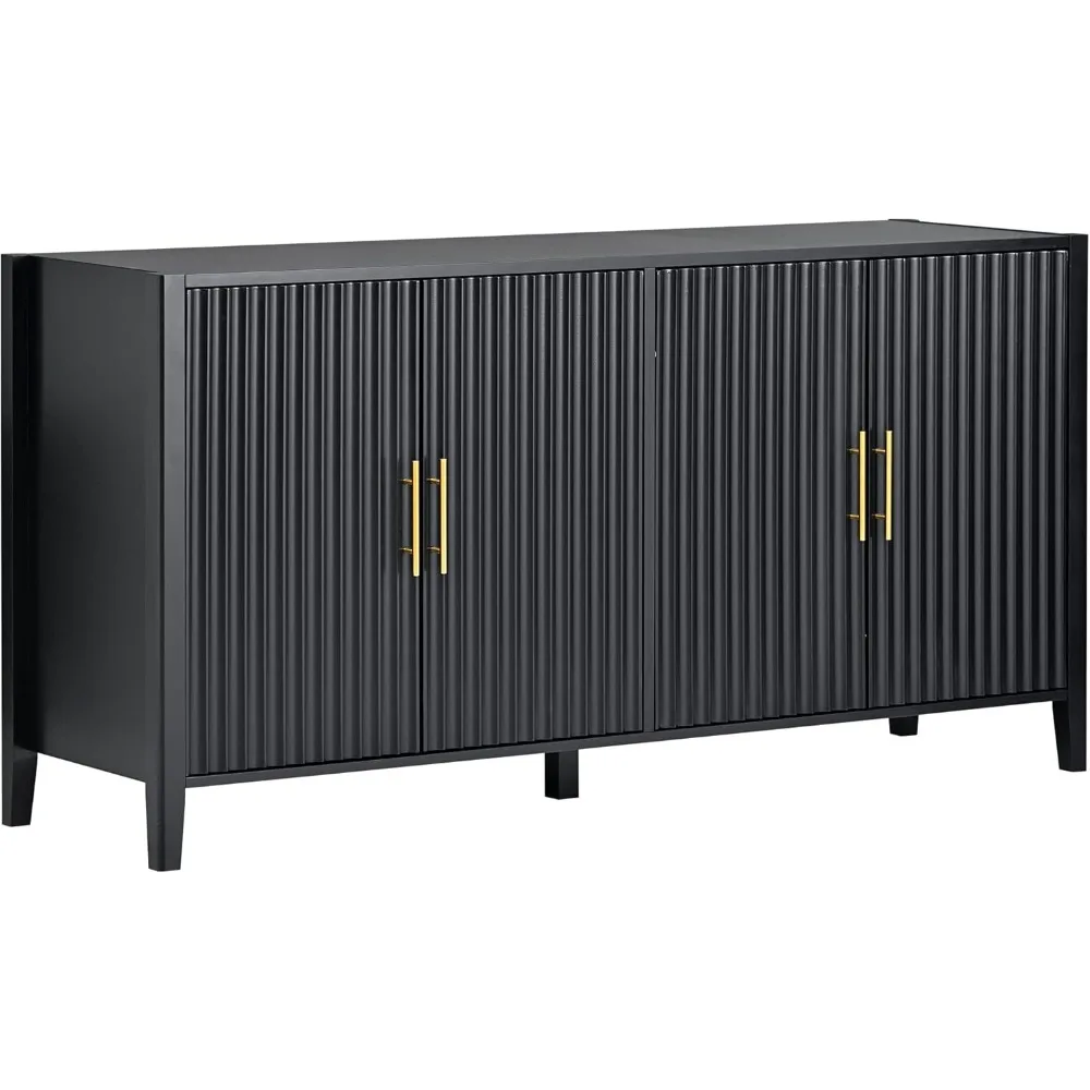 

63 Slot Edge Panel Buffet Cabinet with Storage Space, Door, and Gold Handles, Modern Wooden Edge Panel Decorative Cabinet