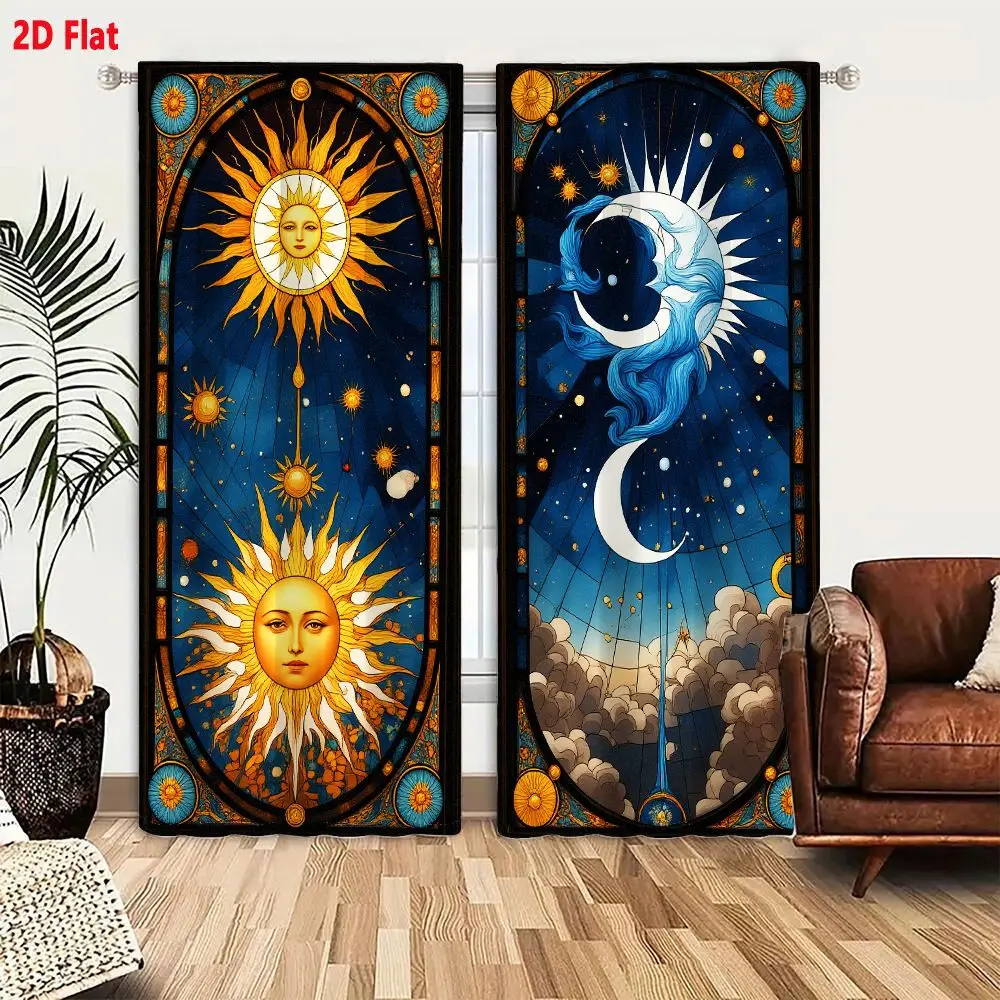 2Pcs Curtains 2D Flat Vertical Stained Glass Panels Sun And Moon Celestial Mythology Cathedral Window Art Window Drapes for Bedr 2