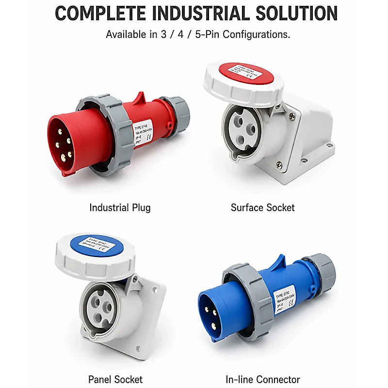 IP67 16A Waterproof Industrial Plug Socket – 3/4/5 Pin 220V/380V, Male & Female with Copper Contacts, Surface or Flush Mount