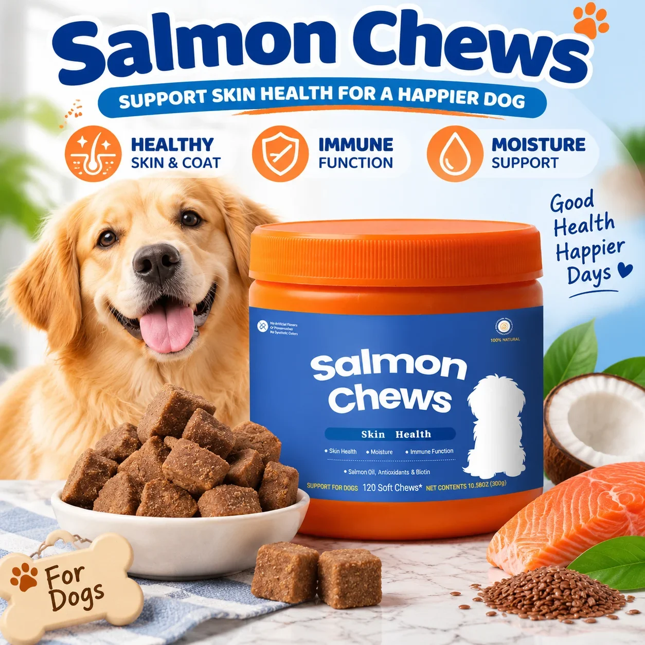Salmon Chews for Dogs Skin Health Soft Chews with Salmon Oil Flaxseed Coconut Oil Biotin and Ginger Root 120 Chews 300g