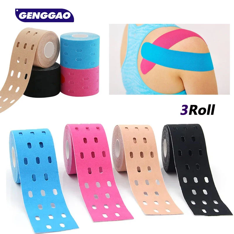 3-Rollen perforiertes Kinesiologie-Tape für empfindliche Haut, atmungsaktiver, elastisches Sportband zur Schmerzlinderung und zur Muskelunterstützung