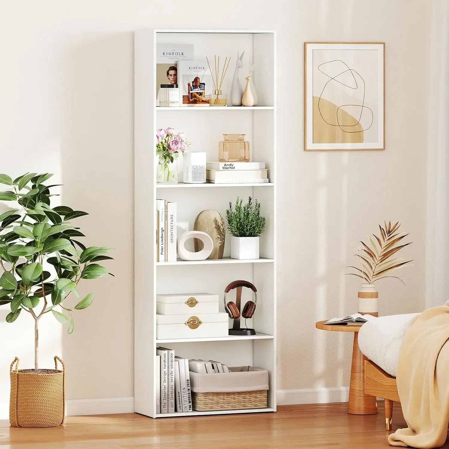 White Two Piece Five Tier Tall Freestanding Wooden Open Shelf Bookcase Organizer For Living Room Study Home Office Bedroom