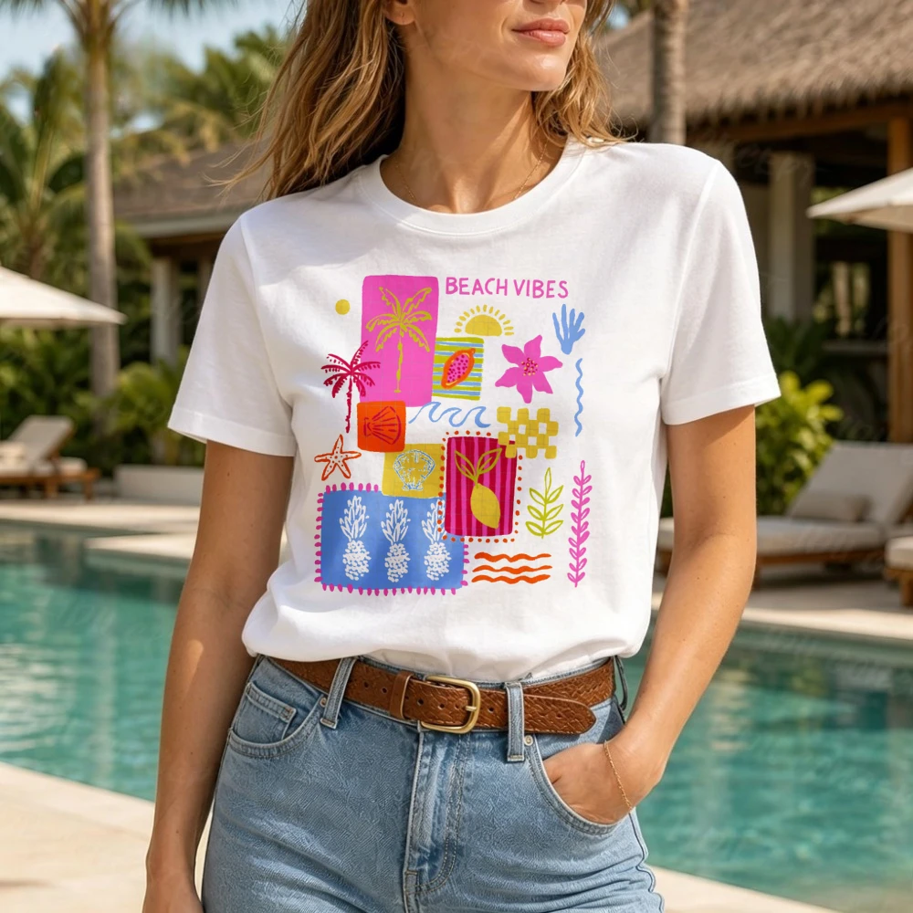 Women Beach Vibes Colorful Tropical Palm Pineapple Collage Graphic T Shirt Summer Abstract Boho Beach Print Short Sleeve Tee