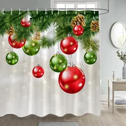 Christmas Shower Curtain Green Pine Branches Xmas Balls New Year Home Decor Polyester Fabric Bathroom Bath Curtains with Hooks