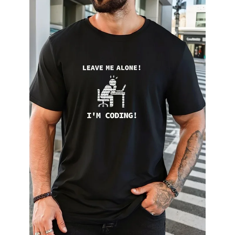 Leave Me Alone I'm Coding Binary Code Graphic Men T-Shirt Funny Programmer Developer Short Sleeve Cotton Tee Geek Tech Nerd Top