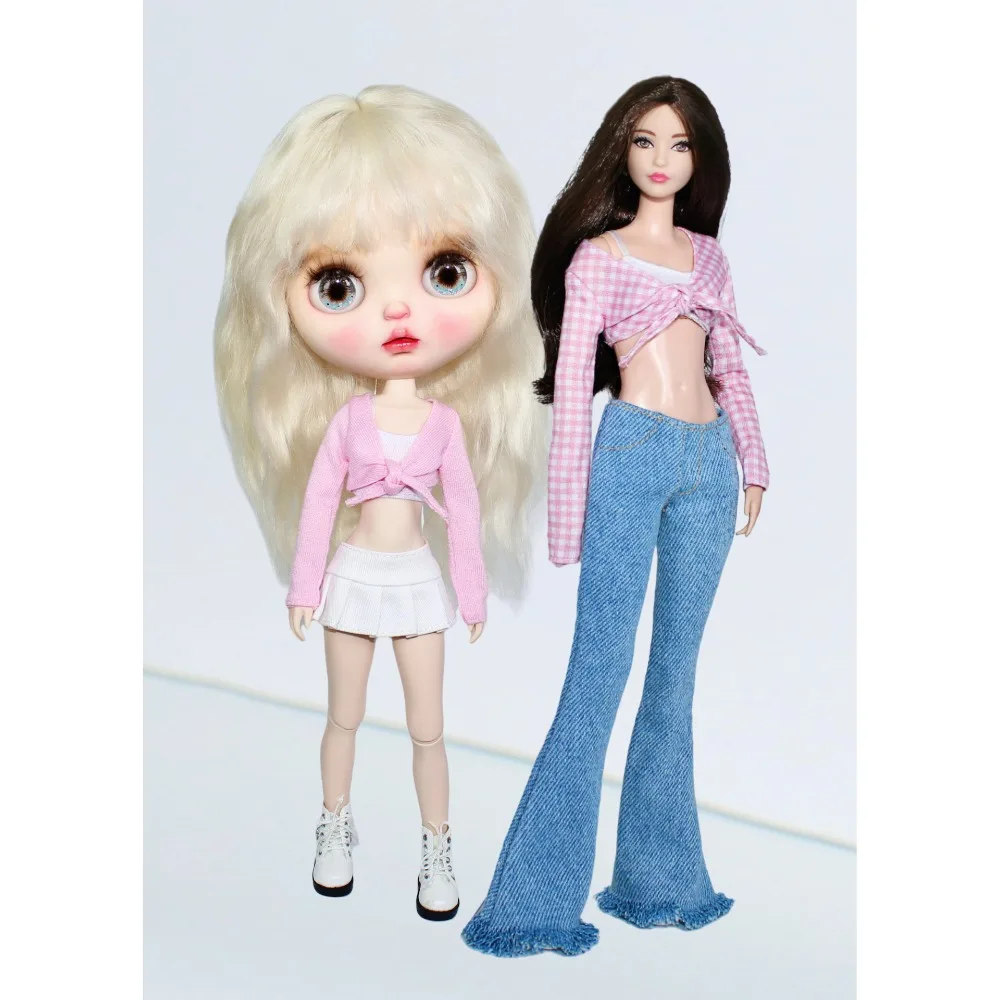 

30cm doll clothing set / long sleeve pink shirt + jeans pants / clothes suit outfit for 1/6 Xinyi FR ST OB BB Doll