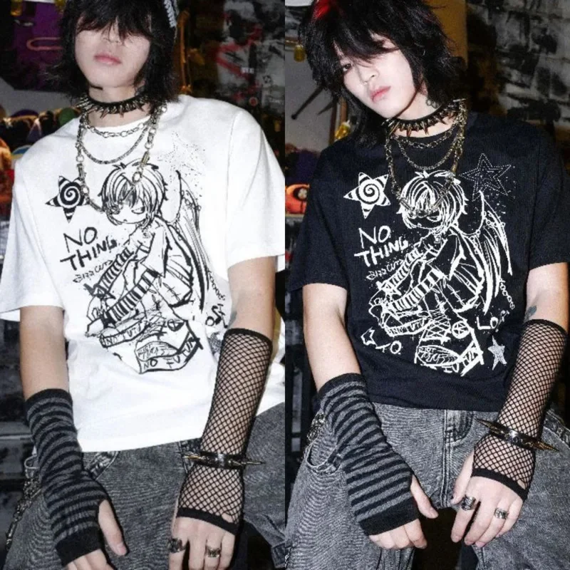 

Punk Y2K Dark Rock Tops&Tee Girl Millennium T-shirt Man America Cotton Japan Summer Printed Black Loose Short Sleeve Tee Top New