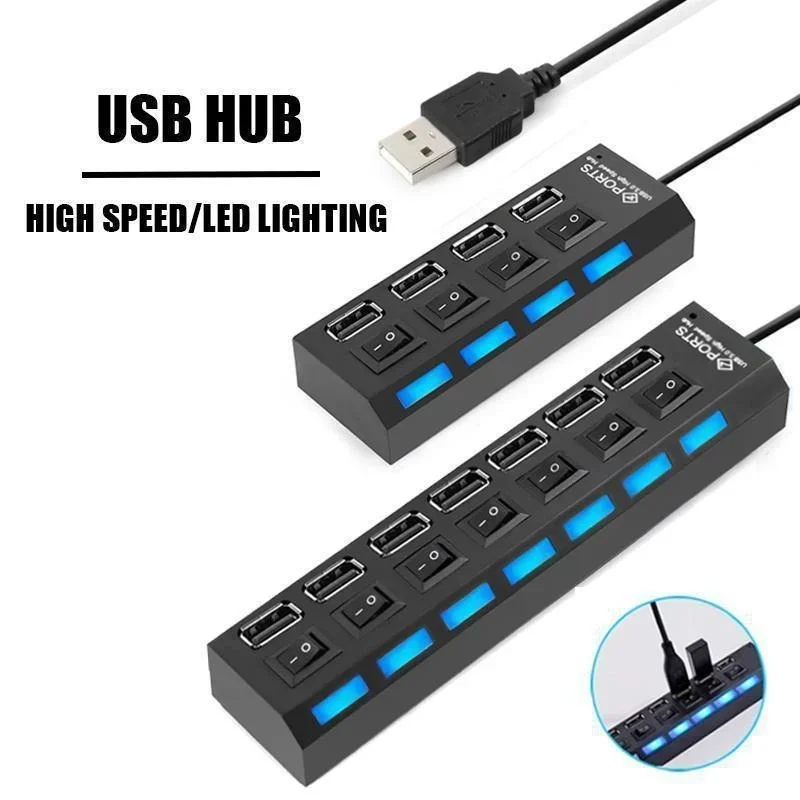 

High Speed 7/4 Port LED USB 2.0 Adapter Hub Multi-Port Socket Powered ON/OFF Switch Charger Splitter for Computer U Disk