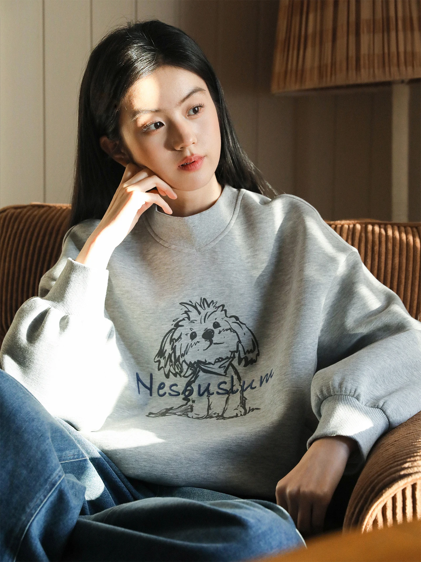 

Nesoulum ey Printed Pattern Loose oulder Design Sweatirt Women's Spring Faion Furry Doggies Casual Long Sve Top