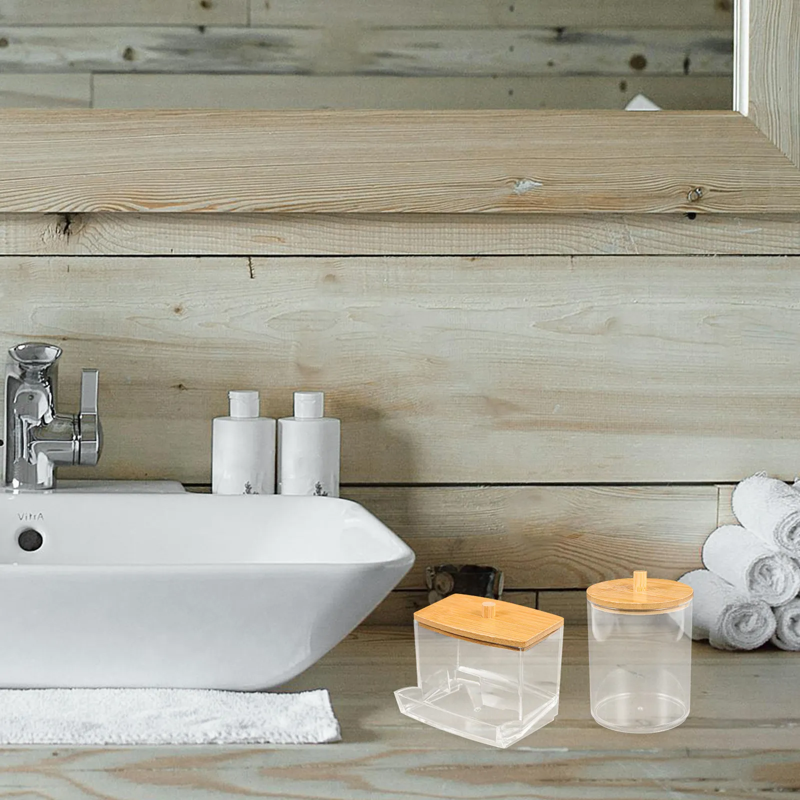 

Набор: Держатель для ватных палочек с бамбуковой крышкой, портативный органайзер для косметики, диспенсер для ватных шариков, маленькая банка для хранения в ванной комнате