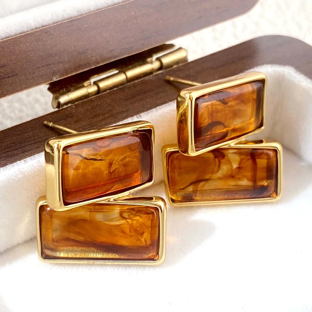 Geometric Rectangle Resin Stud Earrings for Women Stainless Steel Bezel Modern Abstract Statement Earrings for Daily Party Wear