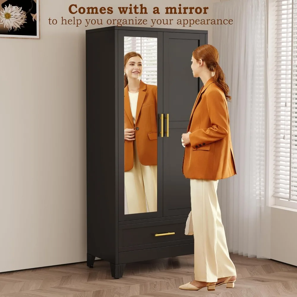 خزانة ملابس معدنية طويلة مع مرآة ودرج وأرفف قابلة للتعديل وقضيب تعليق لغرفة النوم #4