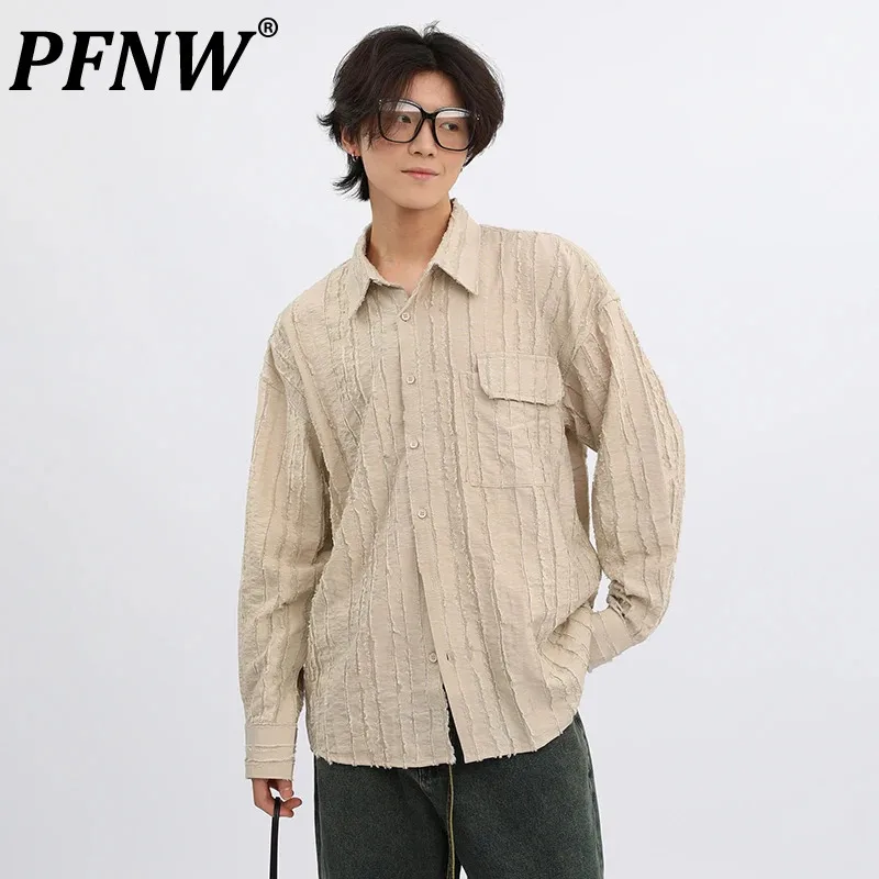 

PFNW Korean Style Texture Design Men's Shirt Lapel Rough Edge Versatile Solid Color Male Tops 2024 Autumn Trendy New 28W5285