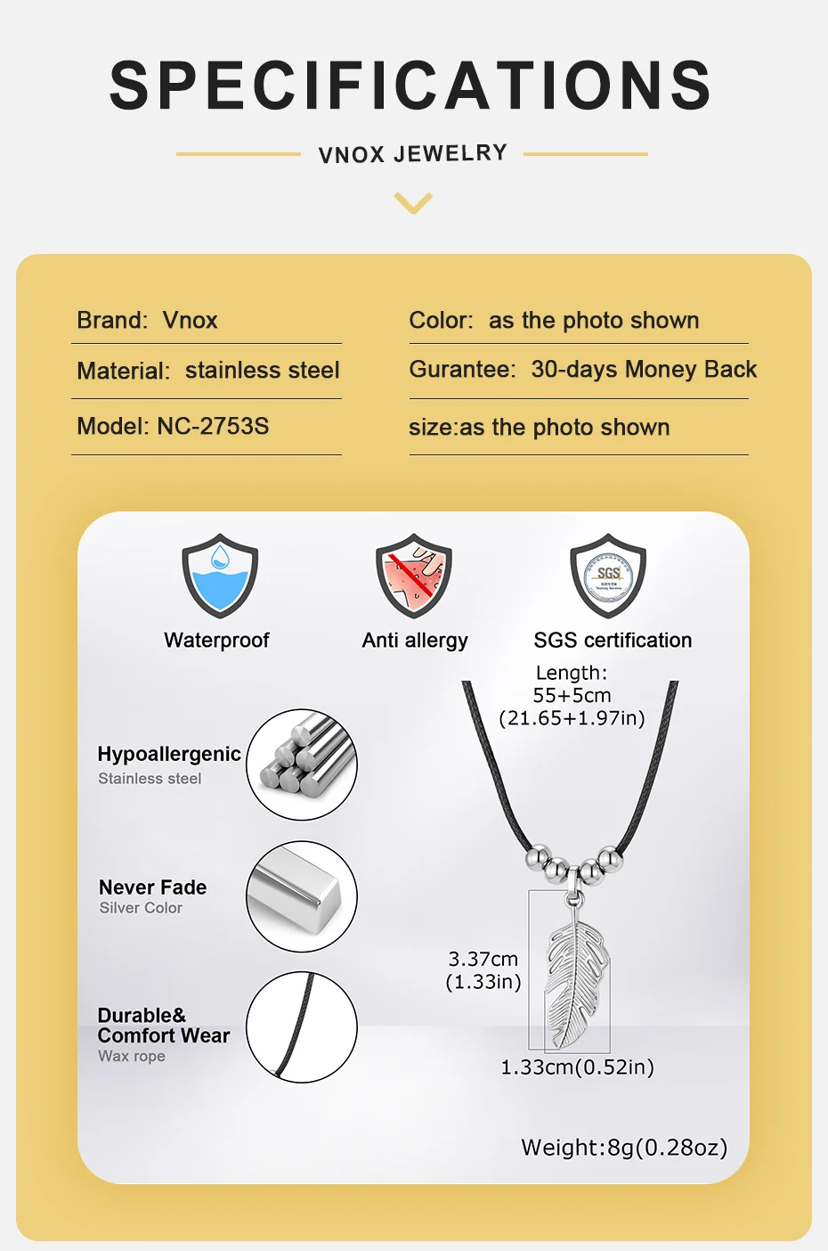 Vnox Edelstahl-Halskette mit Blatt-Anhänger, Boho-Feder-Charm-Kette, Schmuck für Männer und Frauen, silberfarben, verstellbarer Kragen, Geschenke – Detail 4