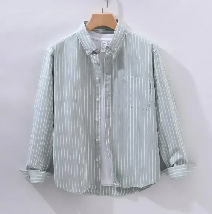 Blue loose striped long sleeved vertical striped top suit shirts