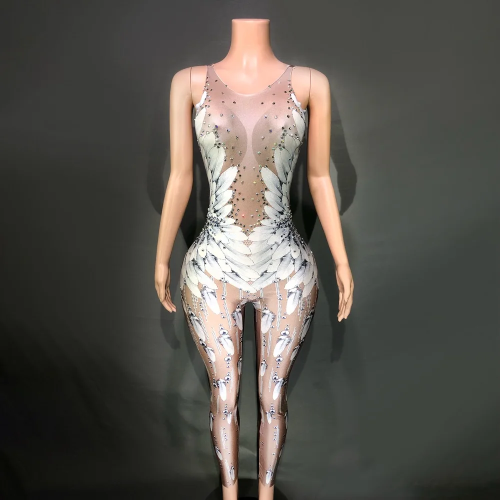 

Sleeveless Rhinestone Feather Pattern Shiny Dance Suit Tight Onesie Drama Backless Vestidos De Ocasião Formal Elegant Ball Gowns
