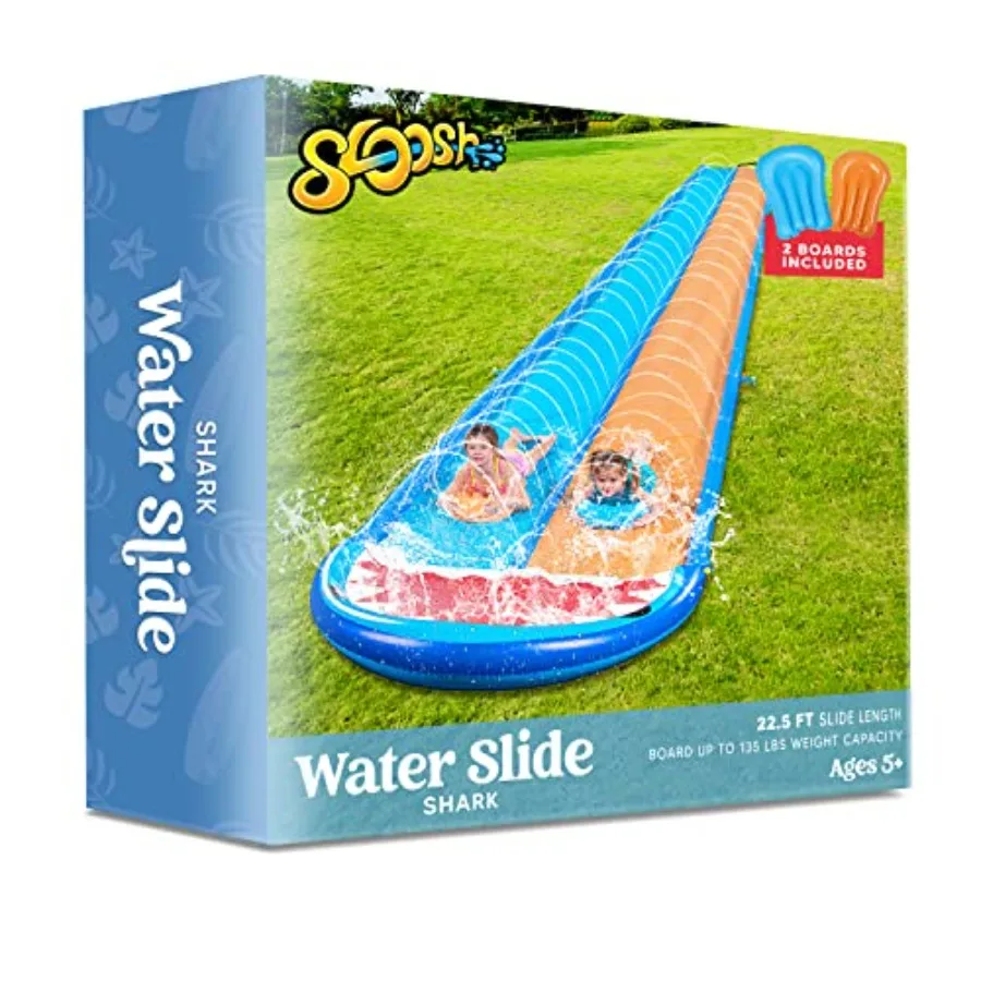 Sloosh Shark Double toboggan aquatique 22,5 pieds glissement et toboggan pour pelouse robuste avec arroseur et 2 planches gonflables antidérapantes pour Par