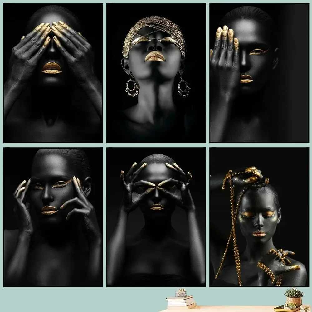 1PC frameless decorative art print,Black Skin Woman Golden Makeup Poster DIY Vintage Movie Poster Wall Art Painting Study Big Sz