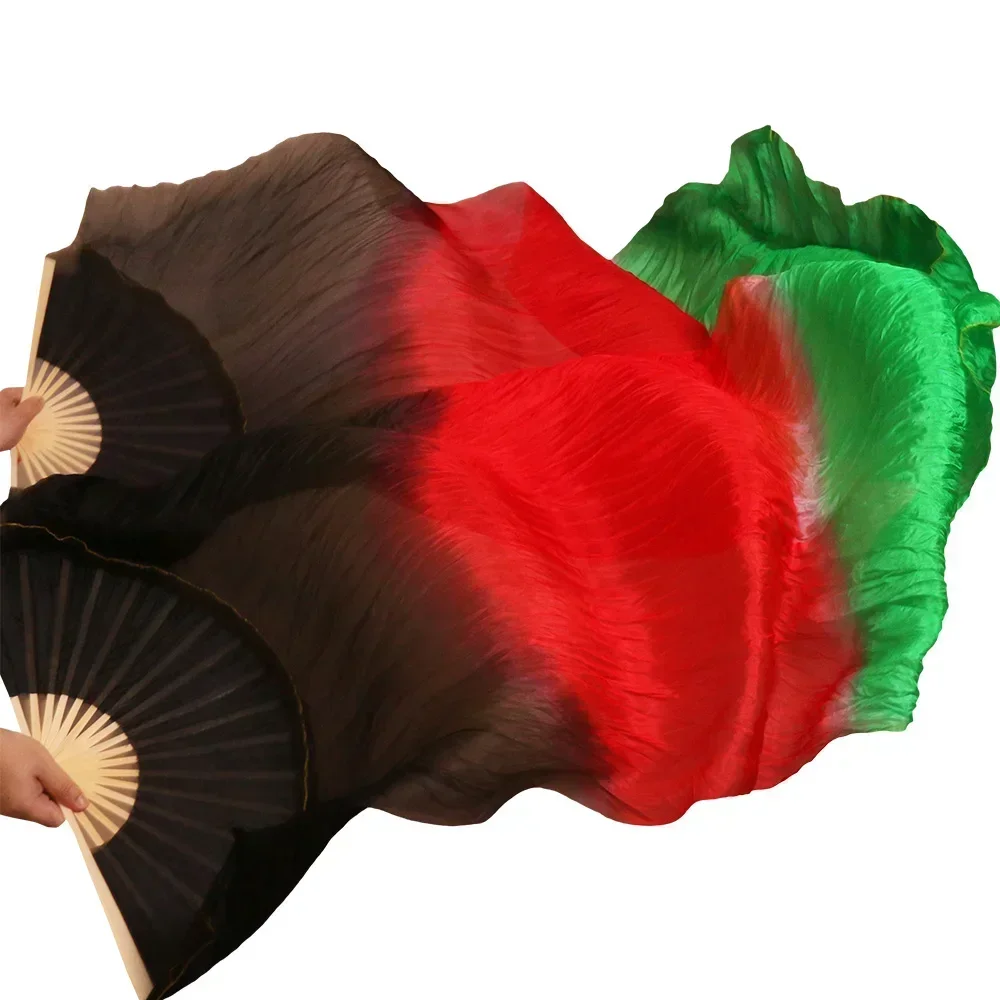 High Selling 100% Real Silk Veils Dancing Fans 1 Pair Handmade High Quality Silk Belly Dance Fans Black+Red+Green Colors