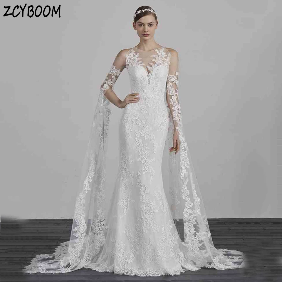 Abito da sposa personalizzato con scollo a O e spalle scoperte maniche lunghe 2025 Abito da sposa con cerniera a sirena con lunghezza al pavimento