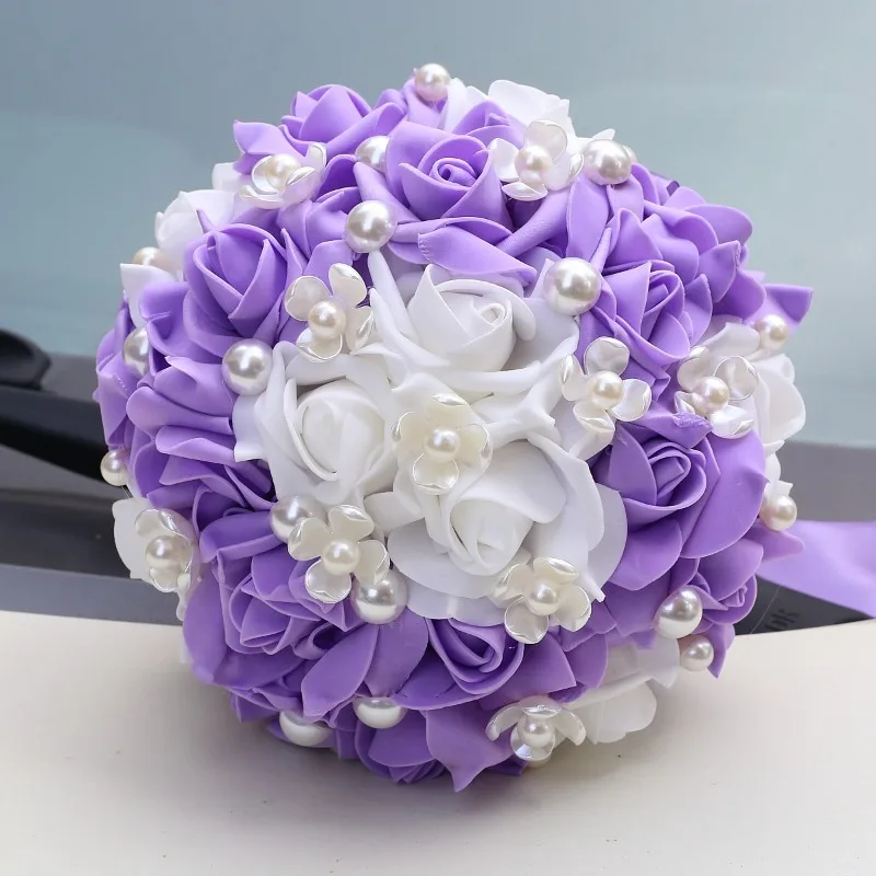 1pc Purple Bridal Bouquets for Wedding Pearl Flower Rose Bouquet Proposal Ball Confession Surprise Gift Ceremony Bridesmaid Prop